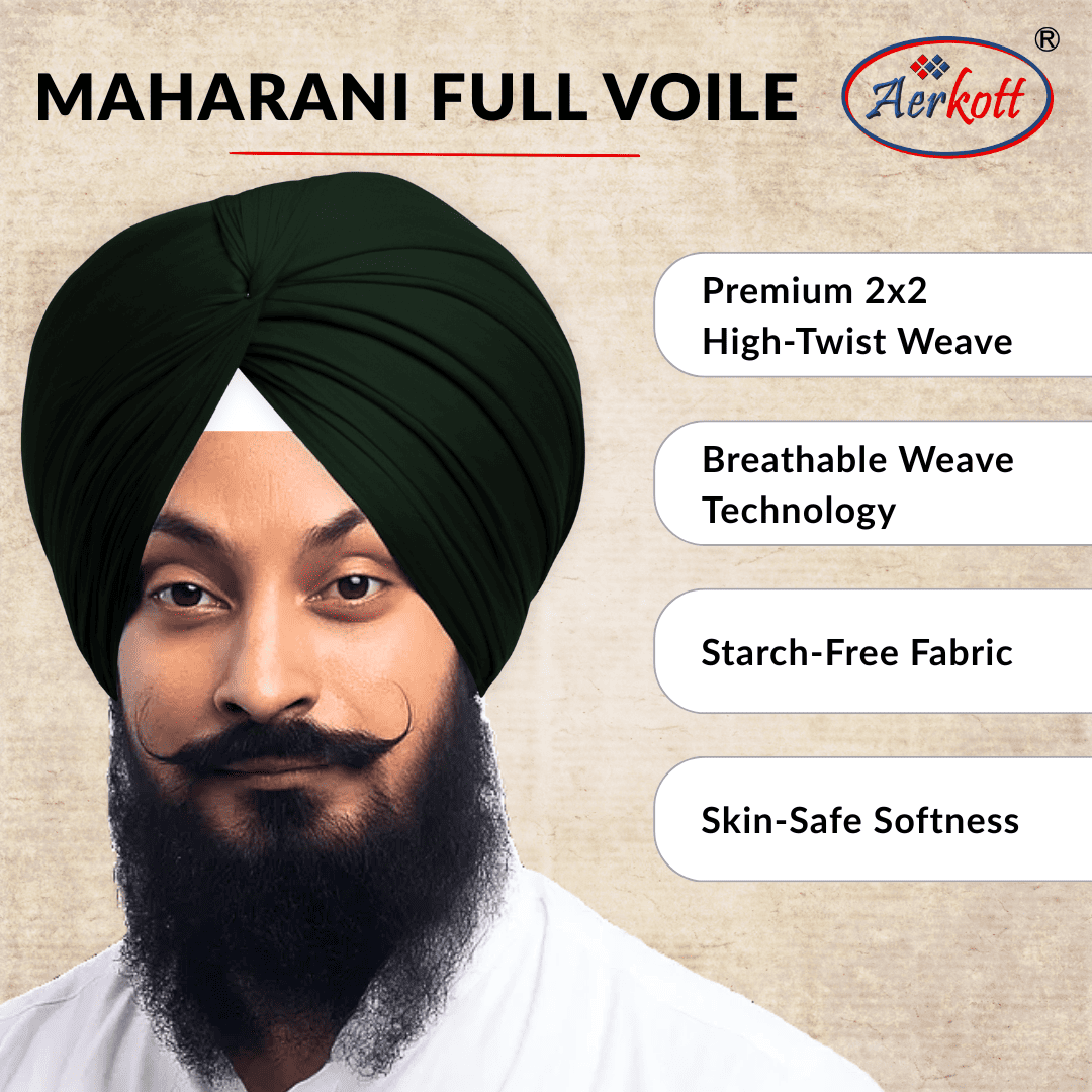 Man wearing a Military Green turban with Aerkott Maharani Full Voile product details on a beige background
