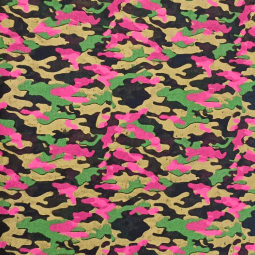 Multicolored camouflage pattern with pink, green, and black colors.