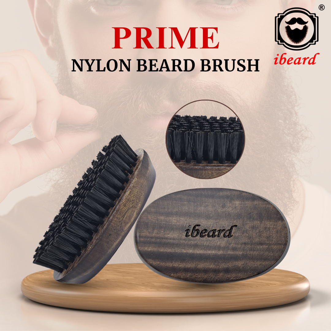 iBeard Prime Nylon Beard Brush on a stand with close-up detail, brand logo visible.
