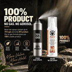 A promotional product shot showing two hair spray bottles on a dark stone surface with large marketing text. The left item is a silver aerosol can labeled 75% GAS, and the right item is a white pump bottle labeled ibeard No Gas Hair binding Spray.