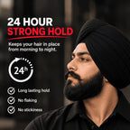 A man wearing a black turban and black shirt, shown in profile against a dark blurred background. Large text reads '24 HOUR STRONG HOLD' with supporting copy about keeping hair in place from morning to night, plus a 24h icon and checkmarks for lasting hold, no flaking, and no stickiness.