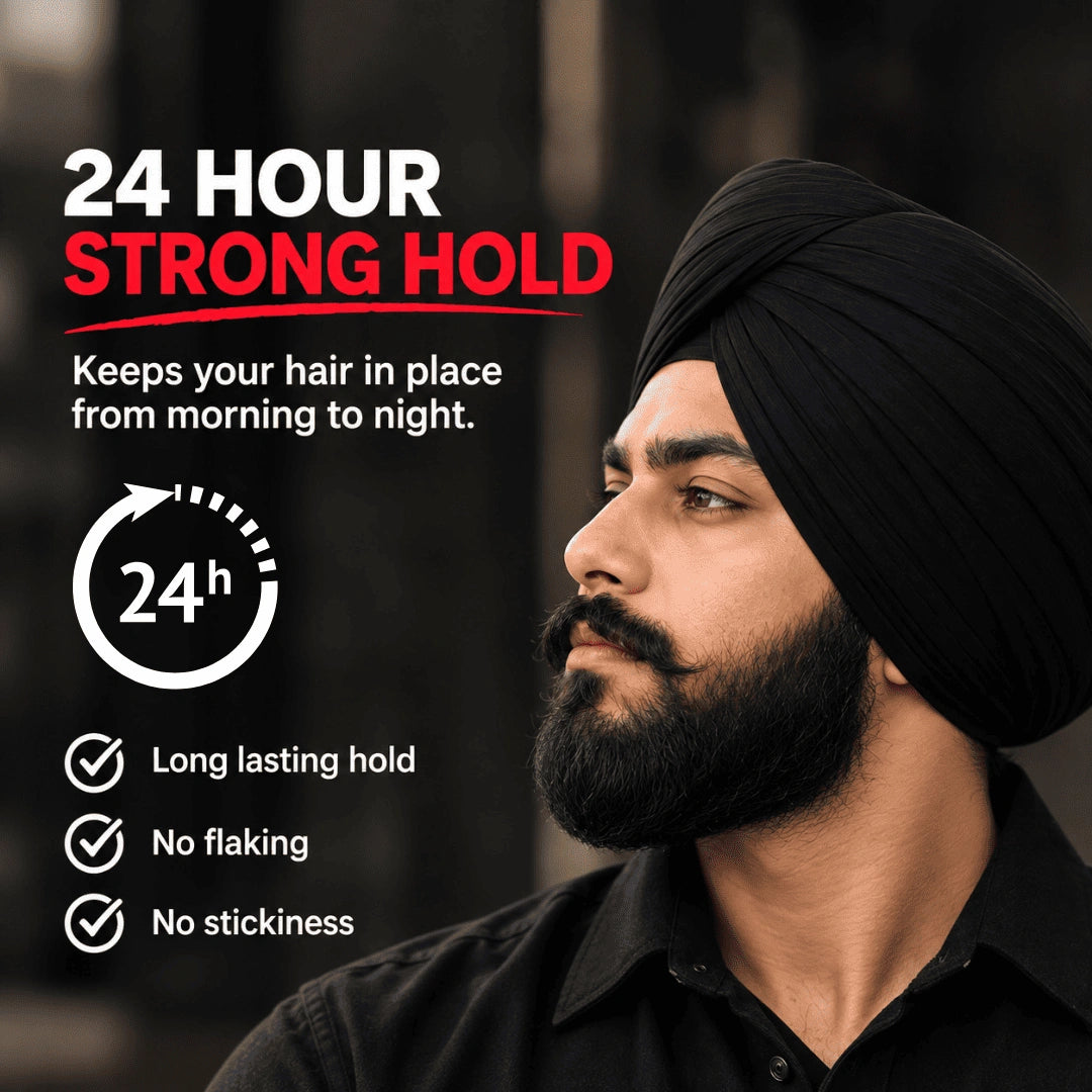 A man wearing a black turban and black shirt, shown in profile against a dark blurred background. Large text reads '24 HOUR STRONG HOLD' with supporting copy about keeping hair in place from morning to night, plus a 24h icon and checkmarks for lasting hold, no flaking, and no stickiness.
