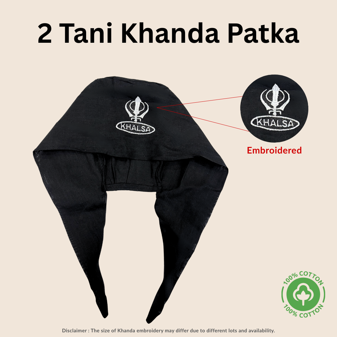 Black Khanda Patka with embroidered Khalsa symbol on a beige background