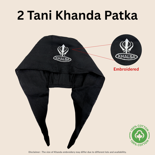 Black Khanda Patka with embroidered Khalsa symbol on a beige background