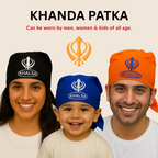 Three people wearing KHLASA branded headbands or patka dastar with a Khanda symbol on a beige background.