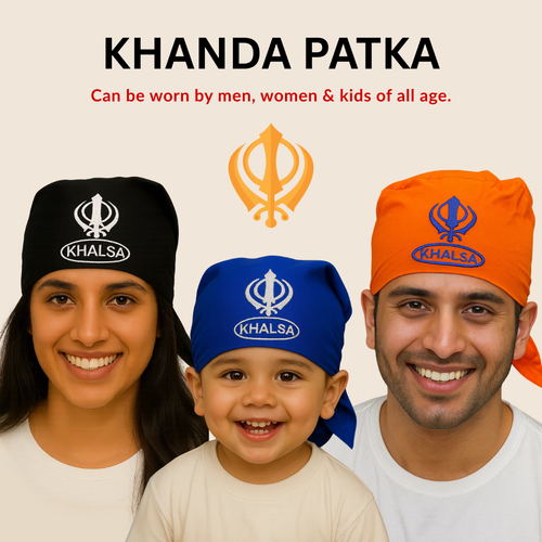 Three people wearing KHLASA branded headbands or patka dastar with a Khanda symbol on a beige background.