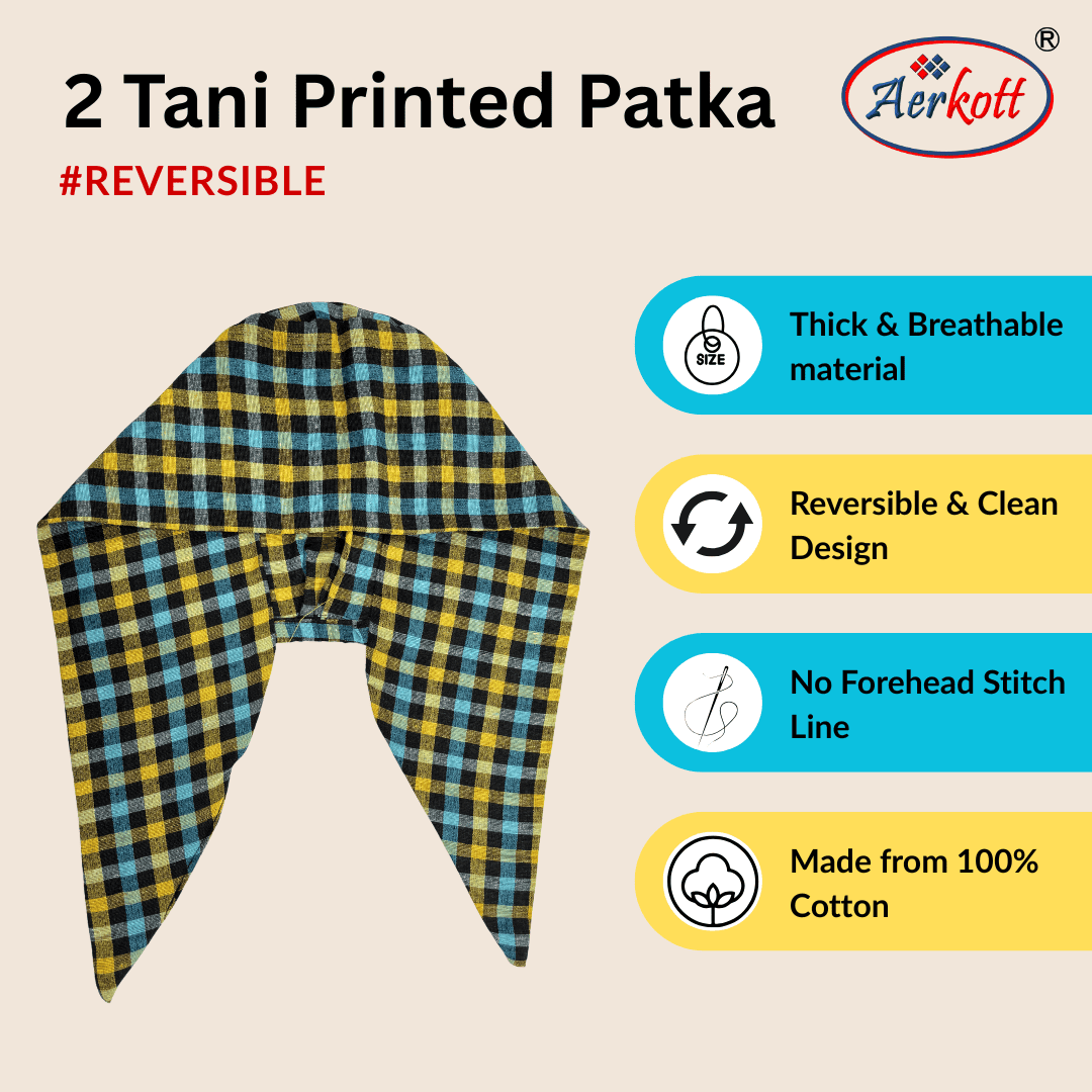 Reversible printed patka with Aerkott branding and product features on a beige background