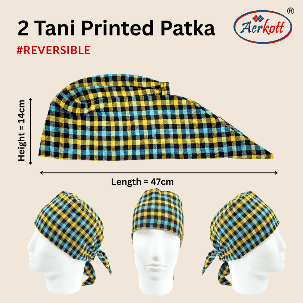 Two reversible printed patkas on mannequins with dimensions and Aerkott branding.