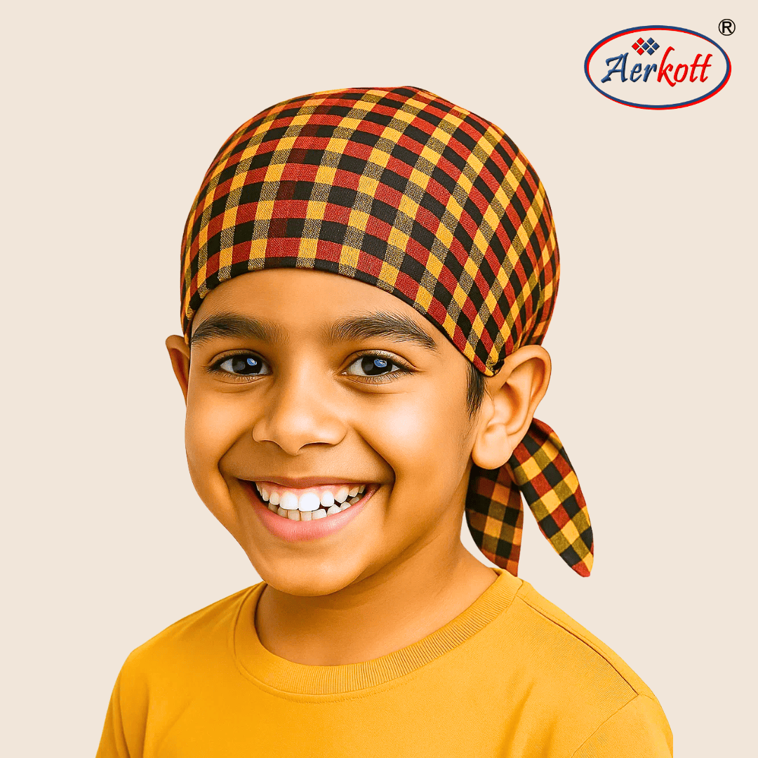 Child wearing a printed 2 tani patka bandana with Aerkott logo in the corner