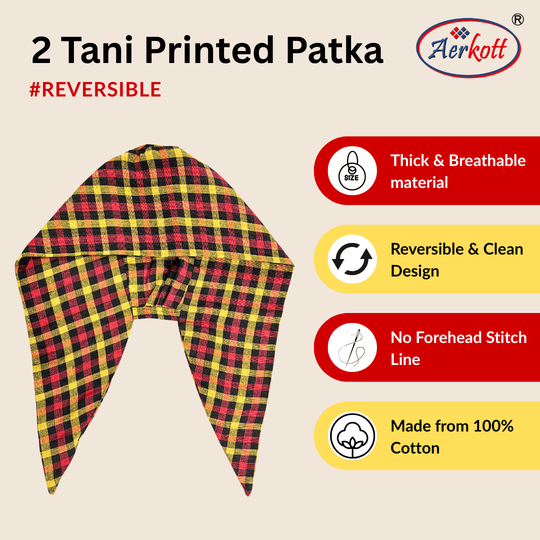Aerokott printed patka with plaid design on a beige background, featuring product details.