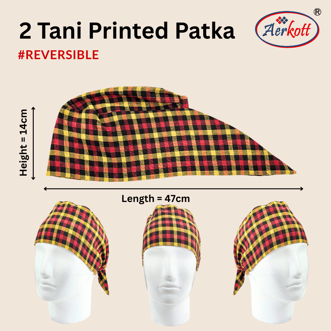 Two reversible printed patkas on mannequins with dimensions and Aerkott branding.