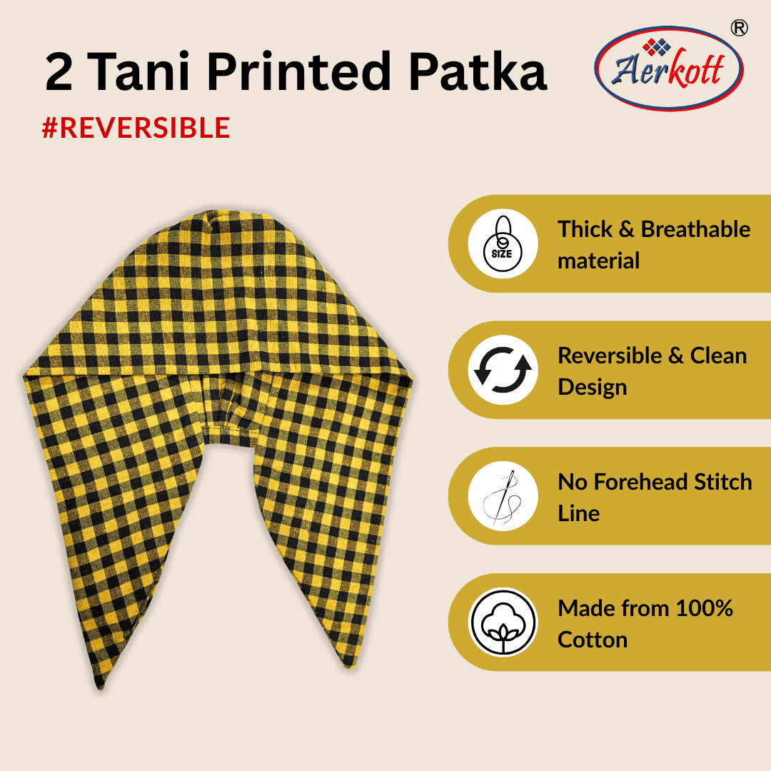 Aerokott printed patka with yellow and black checkered pattern on a beige background