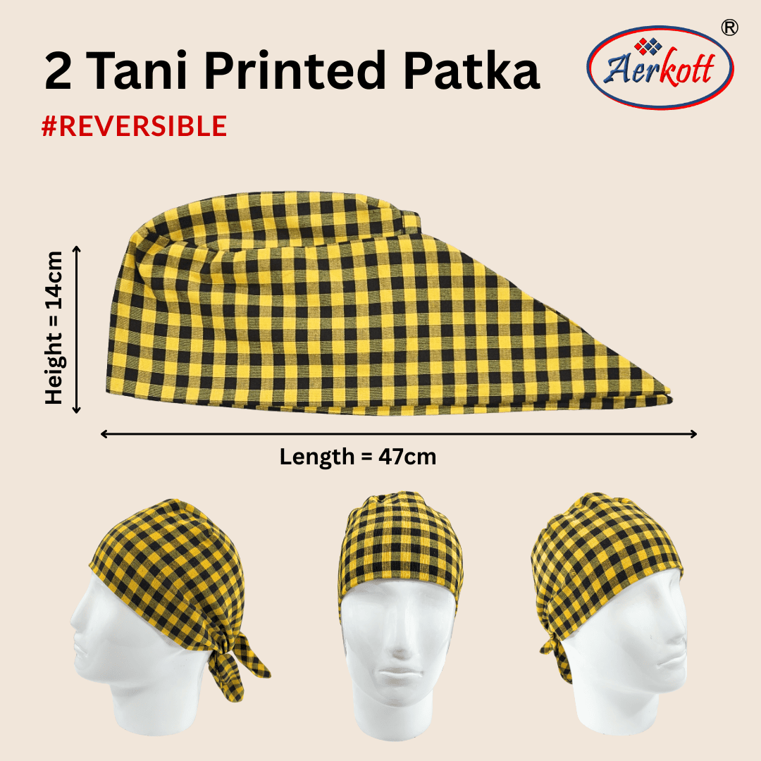 Two reversible printed patkas with dimensions and Aerkott branding on a beige background