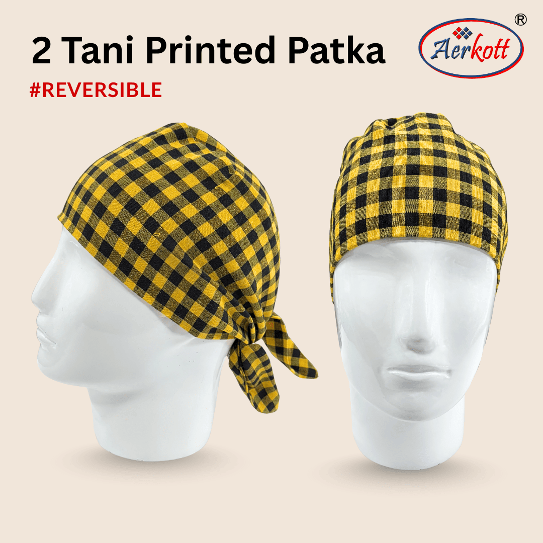 Two reversible printed patkas on mannequin heads with Aerkott branding.