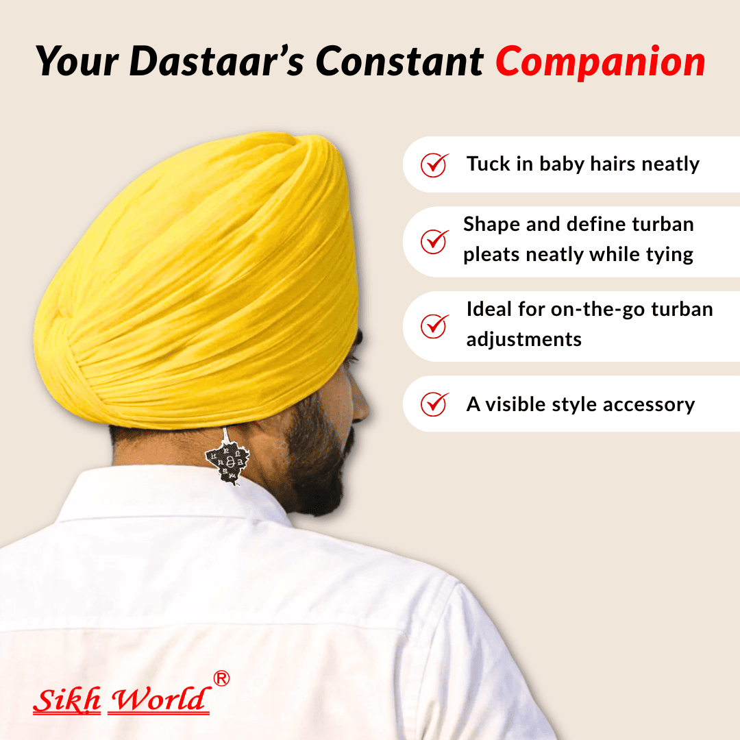 Person wearing a yellow turban with text on how to properly wear and adjust it, branded 'Sikh World'.