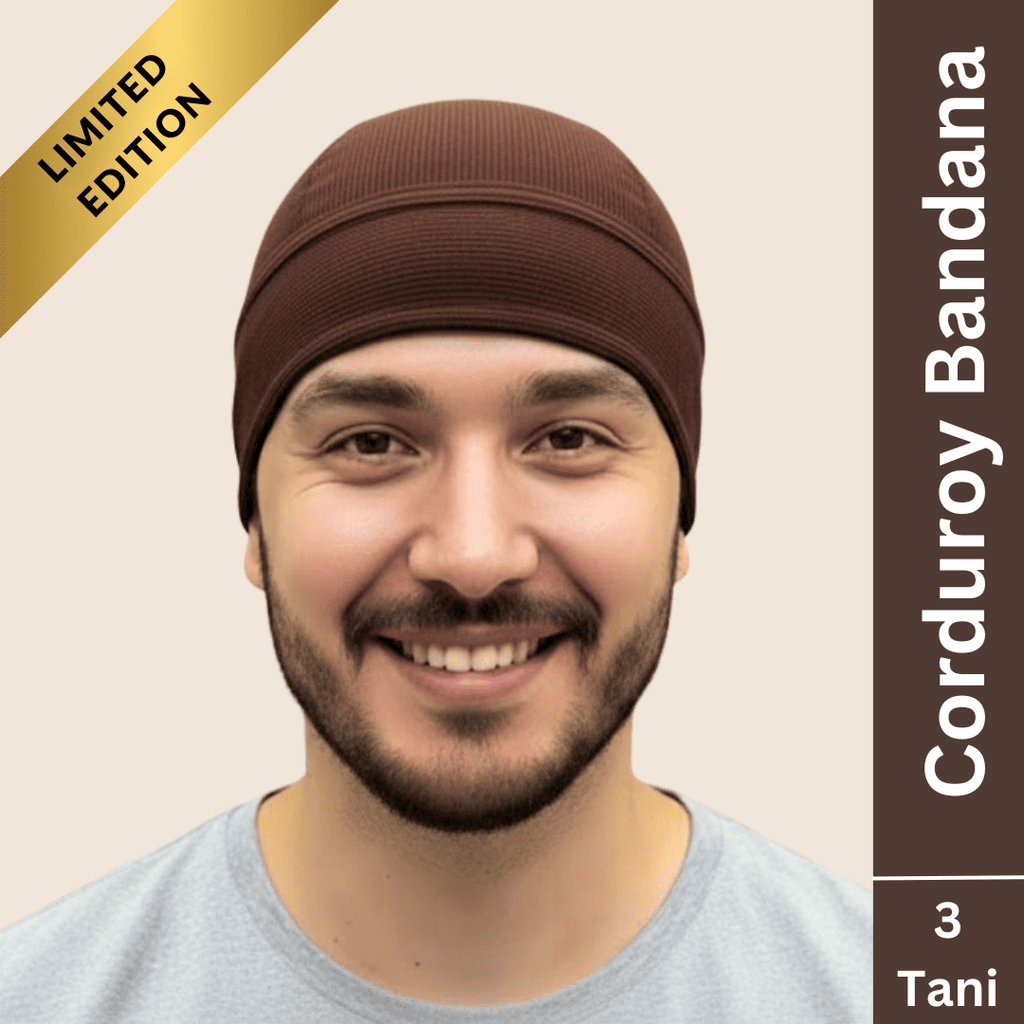 Man wearing a brown corduroy bandana with 'Limited Edition' and product details on a beige background