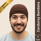 Man wearing a brown corduroy bandana with 'Limited Edition' and product details on a beige background