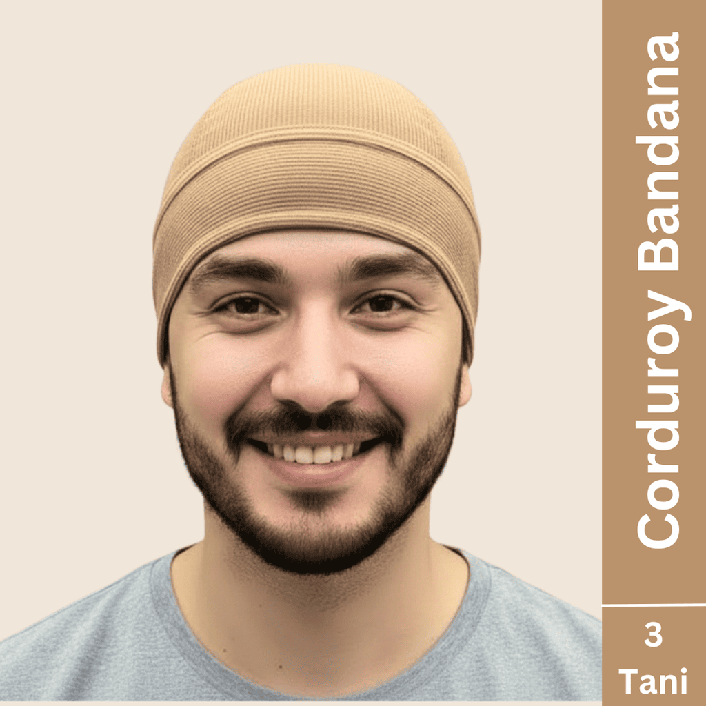 a man wearing 3 tani corduroy bandana in beige color