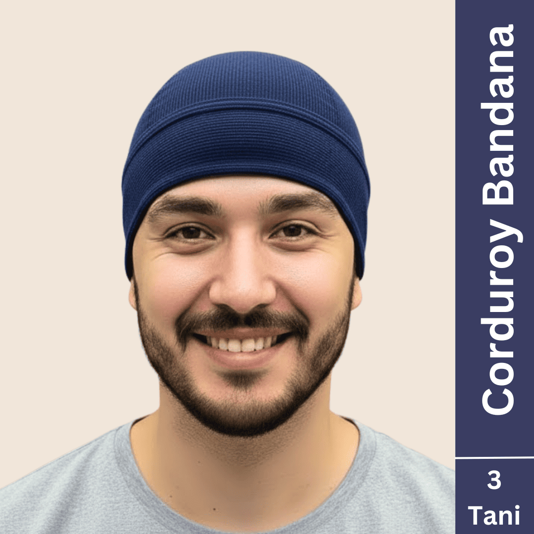 a man wearing 3 tani corduroy bandana in navy blue color