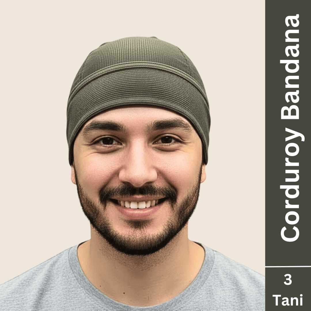 a man wearing 3 tani corduroy bandana for sikhs in olive green color