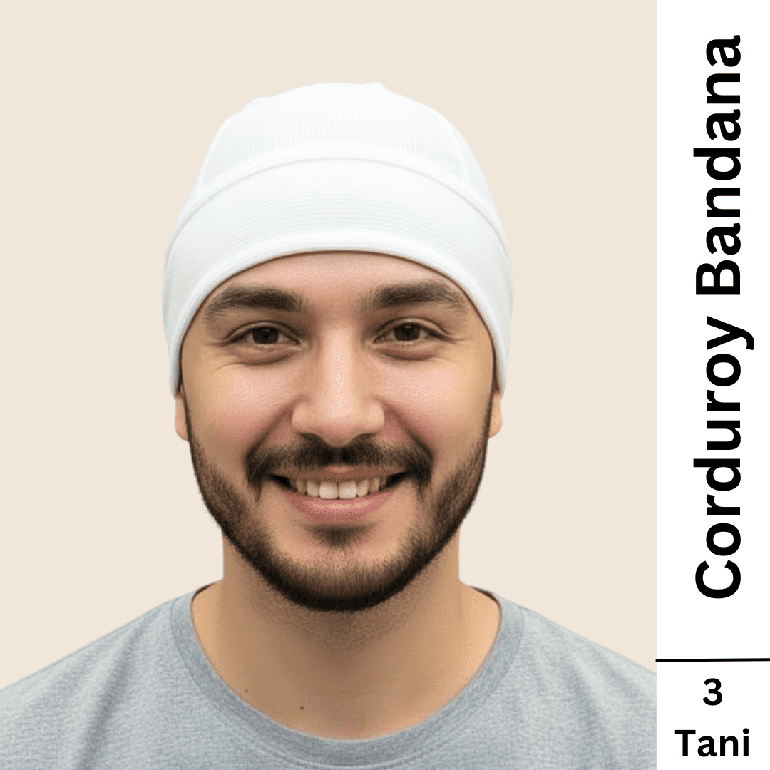 a man wearing 3 tani corduro bandana in white color 