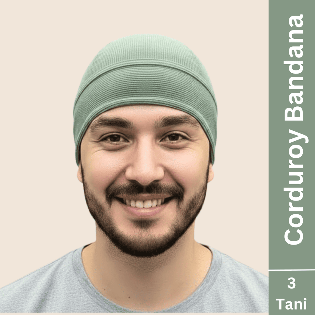 a man wearing 3 tani corduroy bandana pista green color