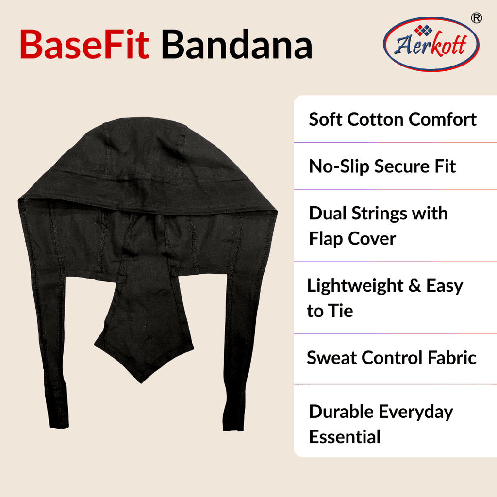 Black bandana with Aerkott branding and product features on a beige background