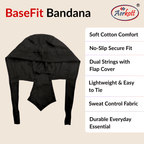 Black bandana with Aerkott branding and product features on a beige background