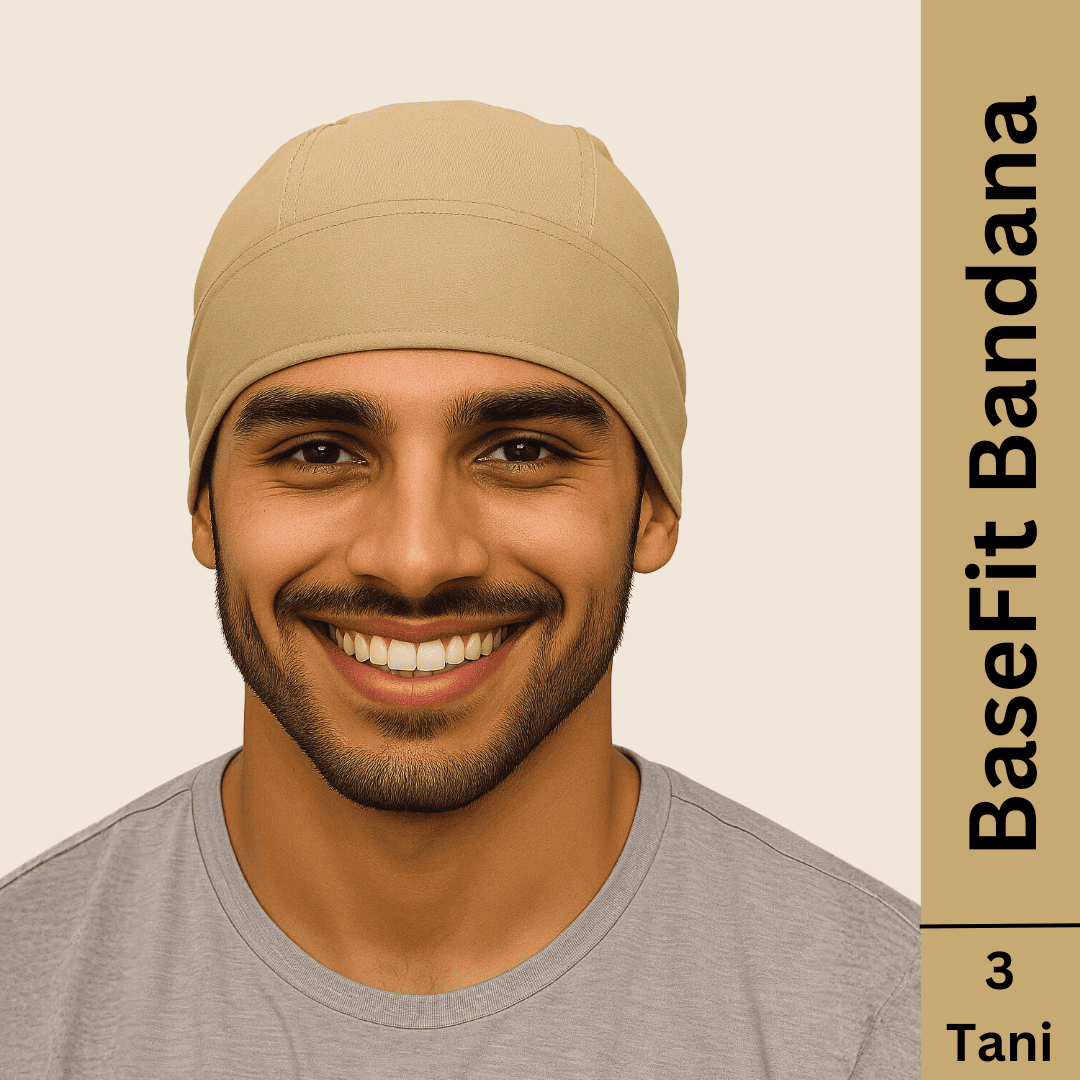 Man wearing a beige BaseFit Bandana with text on a beige background