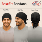 BaseFit Bandana display with front, side, and back views on a beige background.