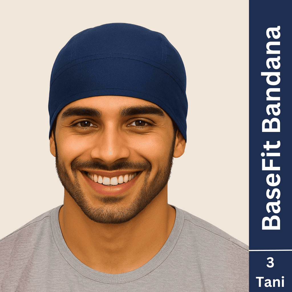 Man wearing a navy blue bandana with 'BaseFit Bandana' text on a beige background