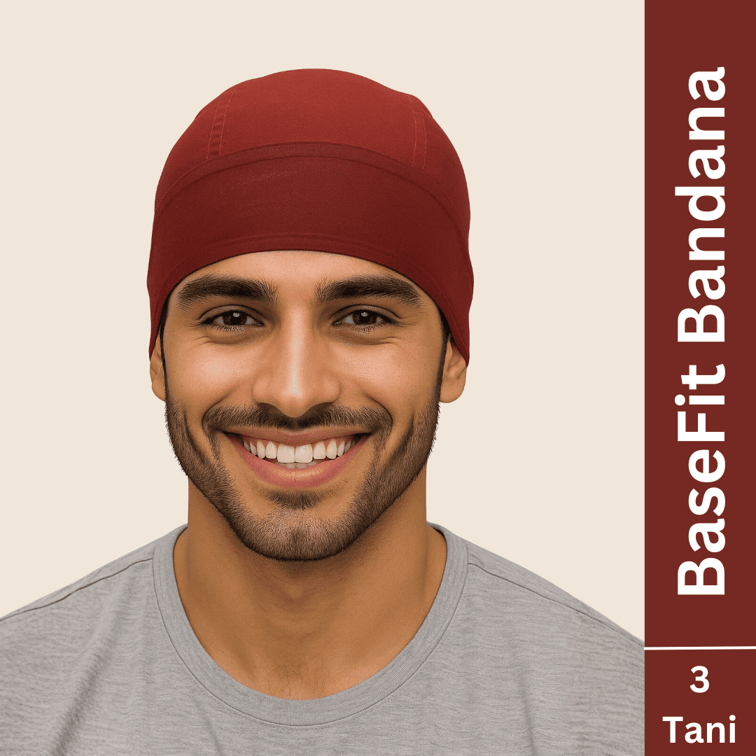 Man wearing a red bandana with 'BaseFit Bandana' text on a beige background