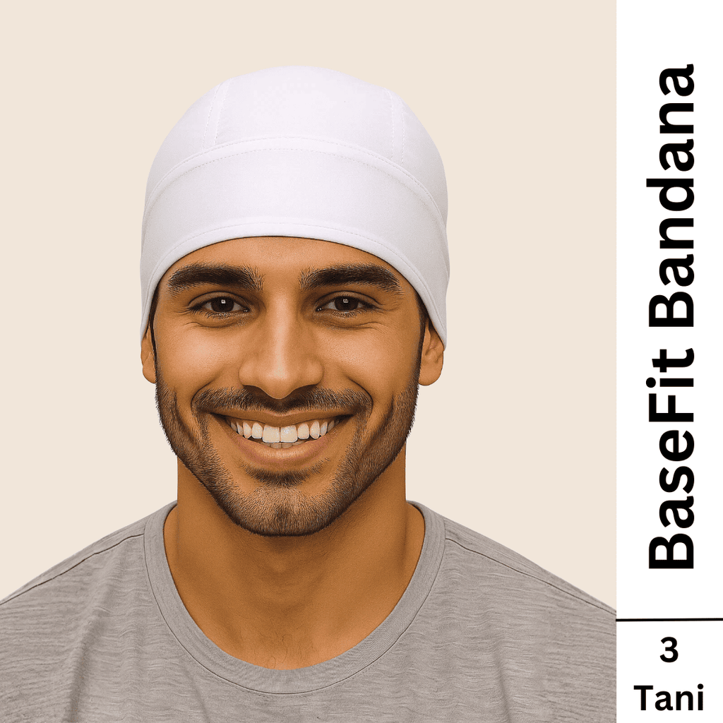 Man wearing a white bandana with 'BaseFit Bandana' text on a beige background