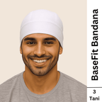 Man wearing a white bandana with 'BaseFit Bandana' text on a beige background