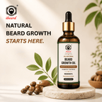 A bottle of iibeard beard growth oil stands on a round stone slab with natural props including castor beans and green leaves. The bottle is amber glass with a black dropper cap, gold collar, and a white label with green and brown accents.