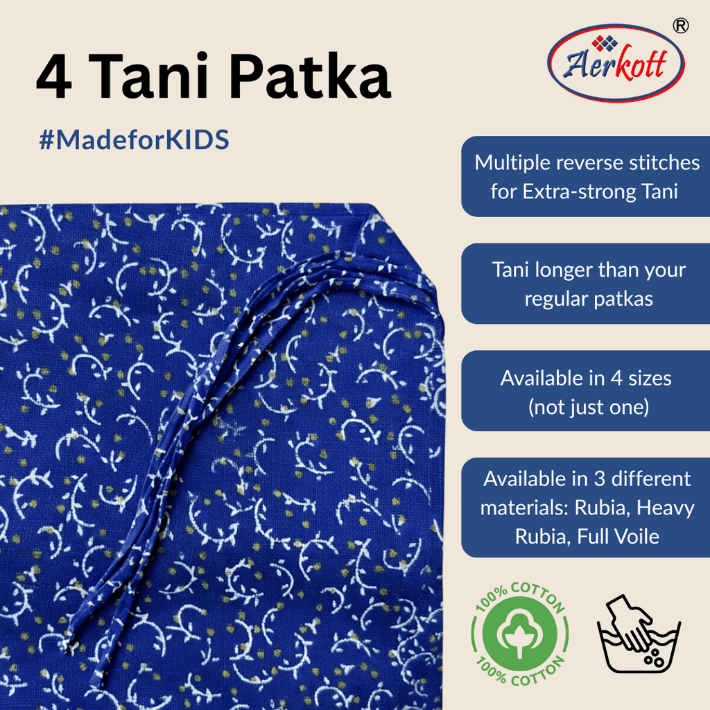 Aerokott Tani Patka with blue pattern on a beige background, featuring product details.