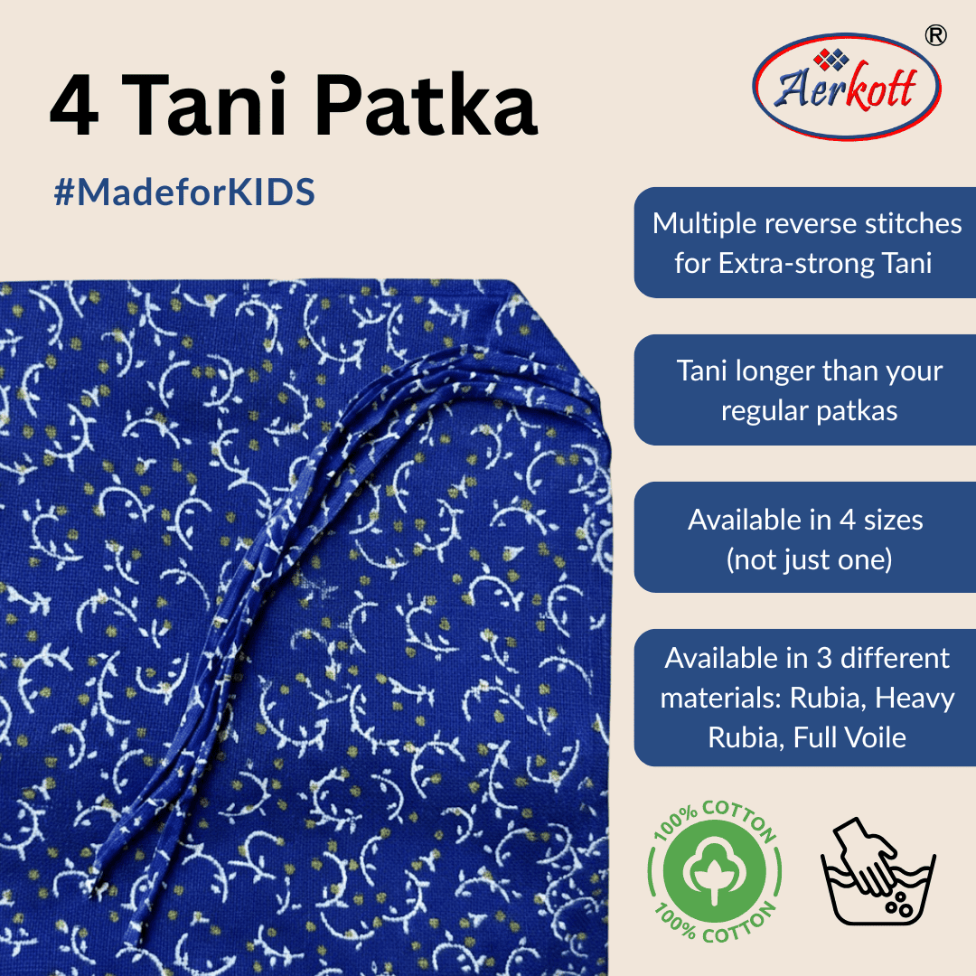 Aerokott Tani Patka with blue pattern on a beige background, featuring product details.