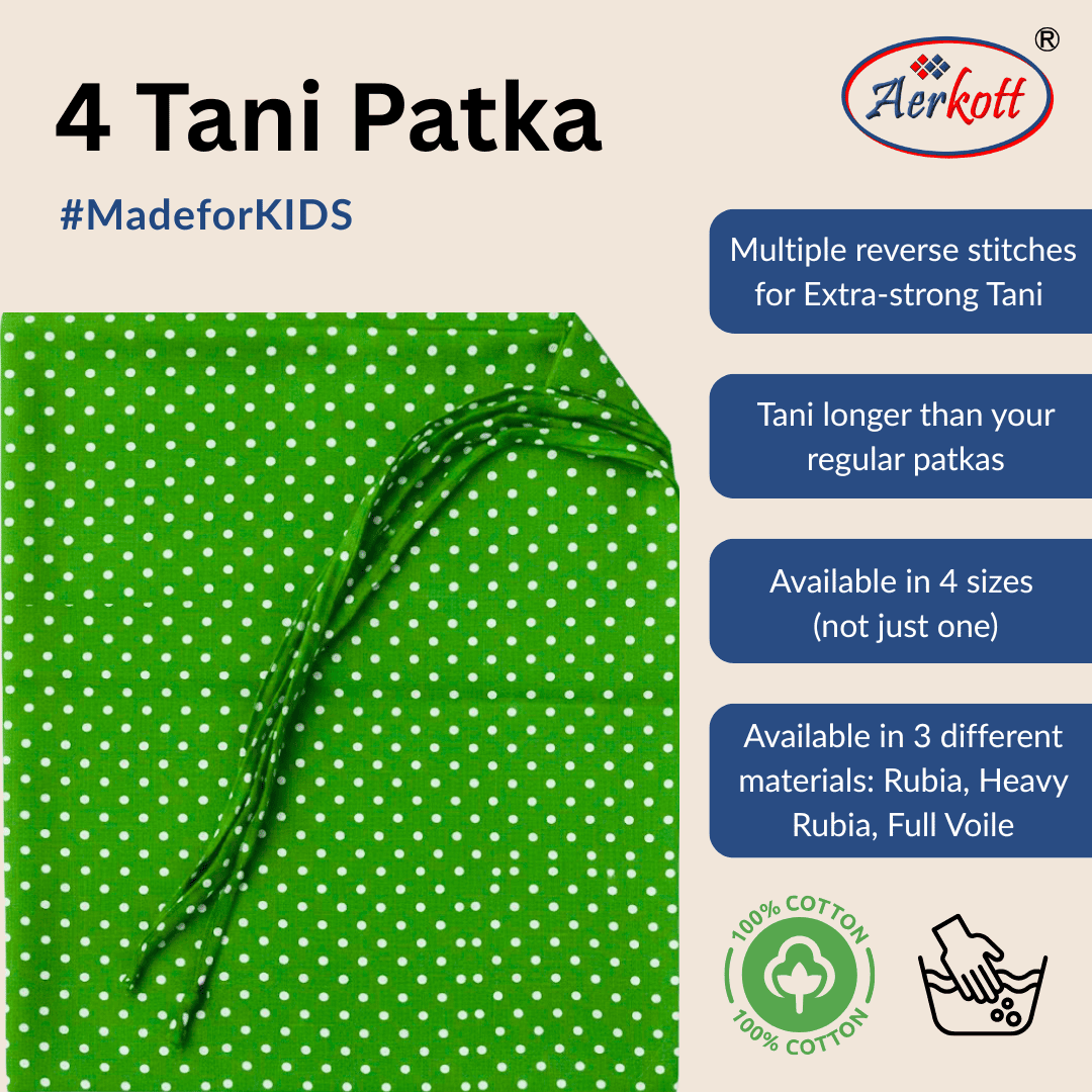 Green fabric with white polka dots and Aerkott branding on a beige background