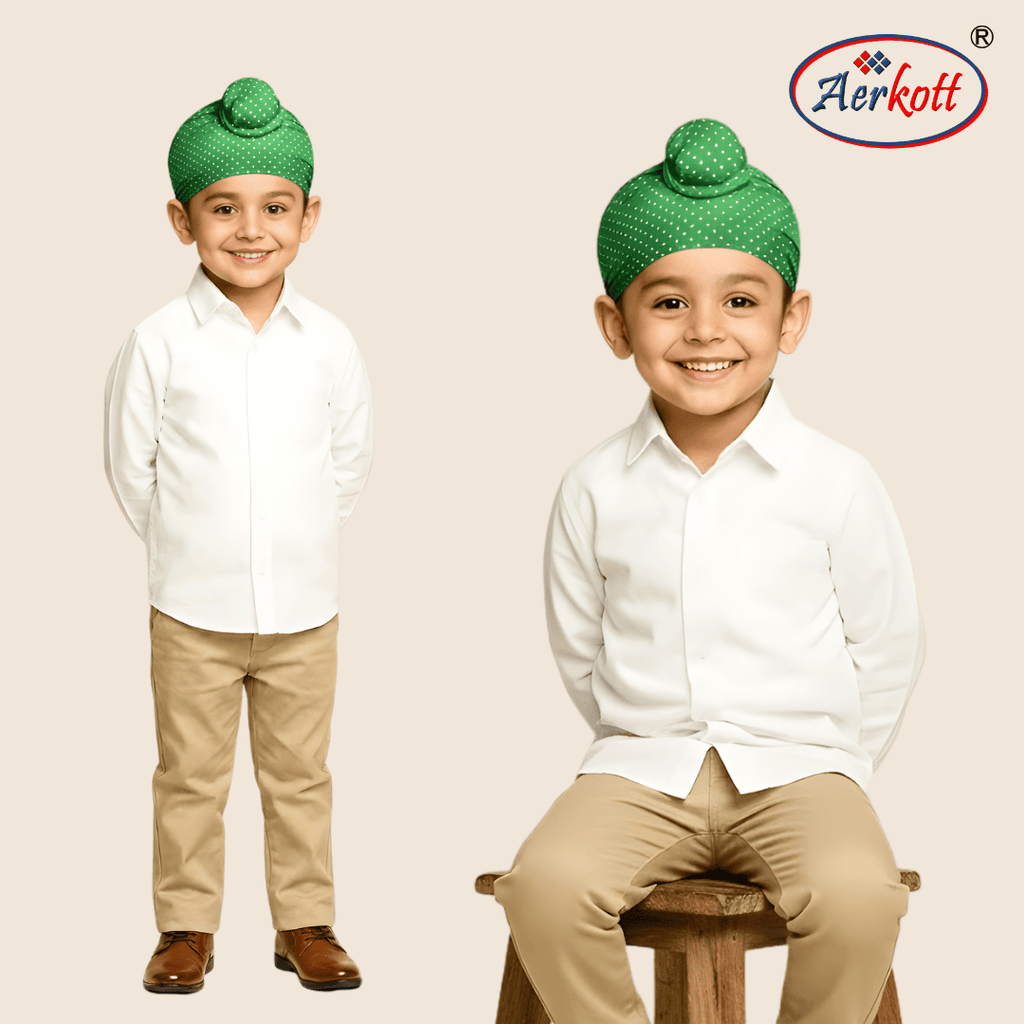 Two children wearing green turbans and white shirts with a beige background, featuring the Aerkott brand logo.