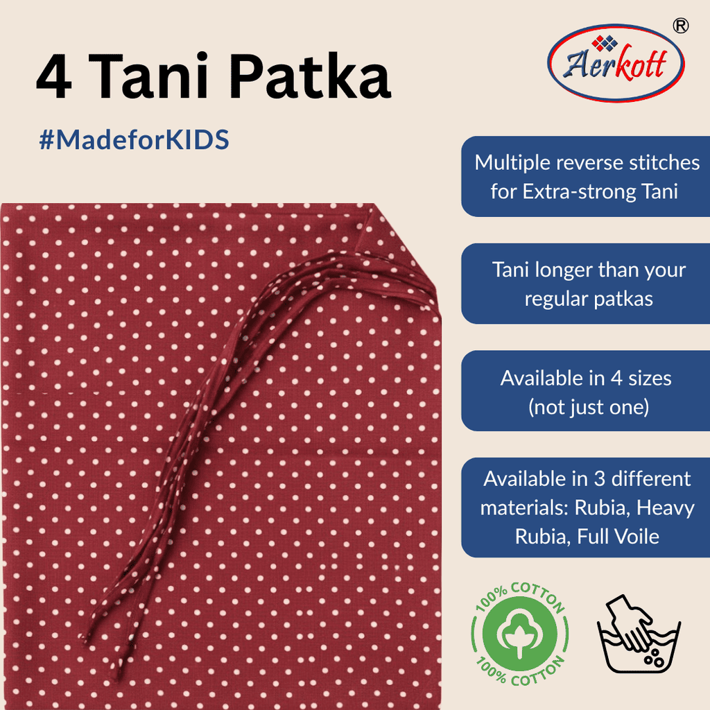 Red polka dot fabric with Aerkott branding and product details on a beige background