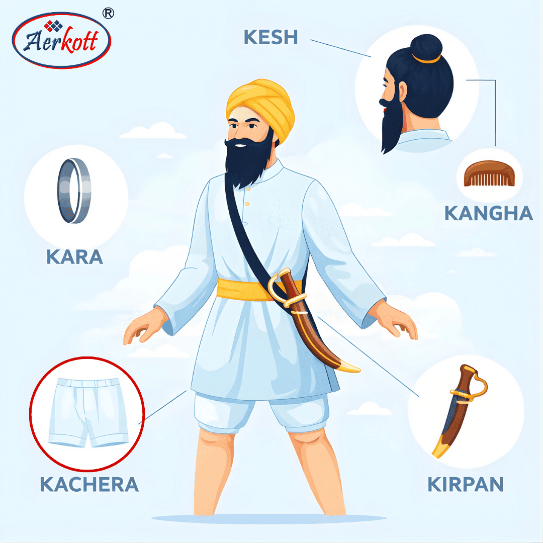 Illustration of a Sikh person with religious articles labeled, featuring the Aerkott brand.
