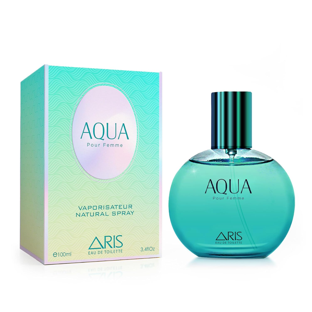 Aqua perfume bottle and packaging on a white background