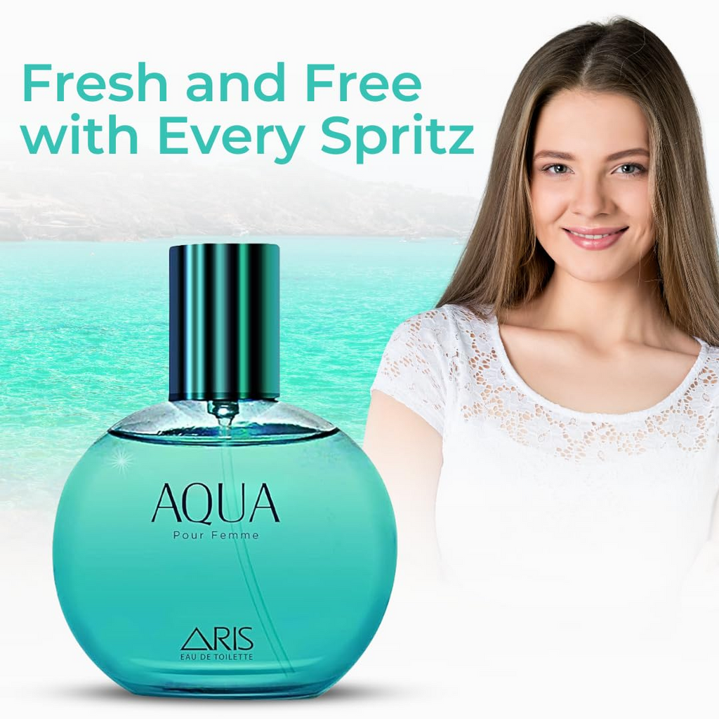 Teal bottle of ARIS Aqua perfume with a woman and text 'Fresh and Free with Every Spritz' on a light blue background