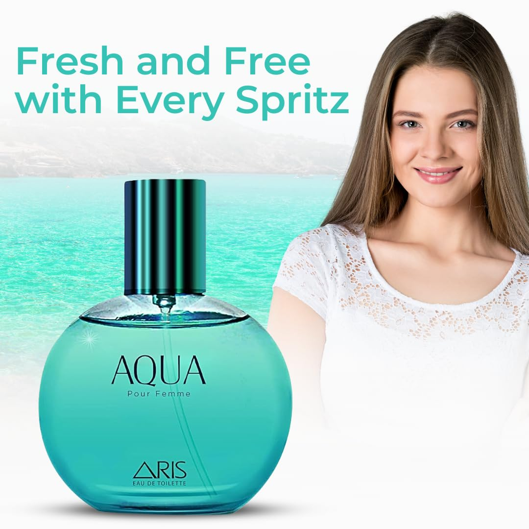 Teal bottle of ARIS Aqua perfume with a woman and text 'Fresh and Free with Every Spritz' on a light blue background