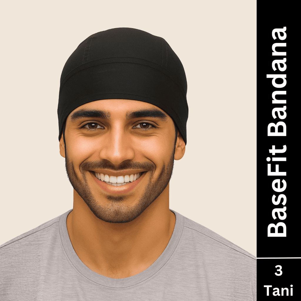 Man wearing a black bandana with 'BaseFit Bandana' text on a beige background