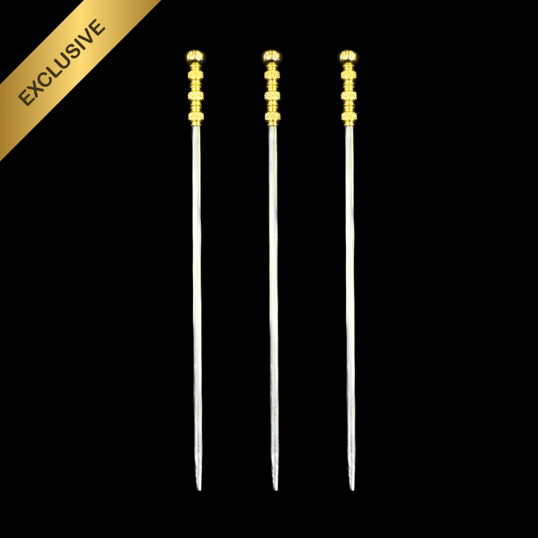 Three gold and silver hair sticks salai on a black background with 'EXCLUSIVE' label.