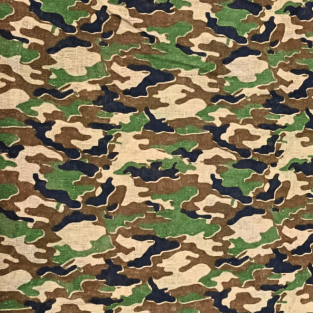 Camouflage pattern with green, brown, and black colors on a fabric background