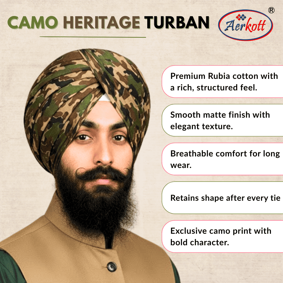 Camo heritage turban with Aerkott branding and product features on a beige background