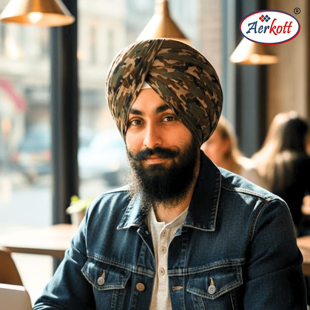 Man wearing a camouflage turban in a casual setting with Aerkott logo.