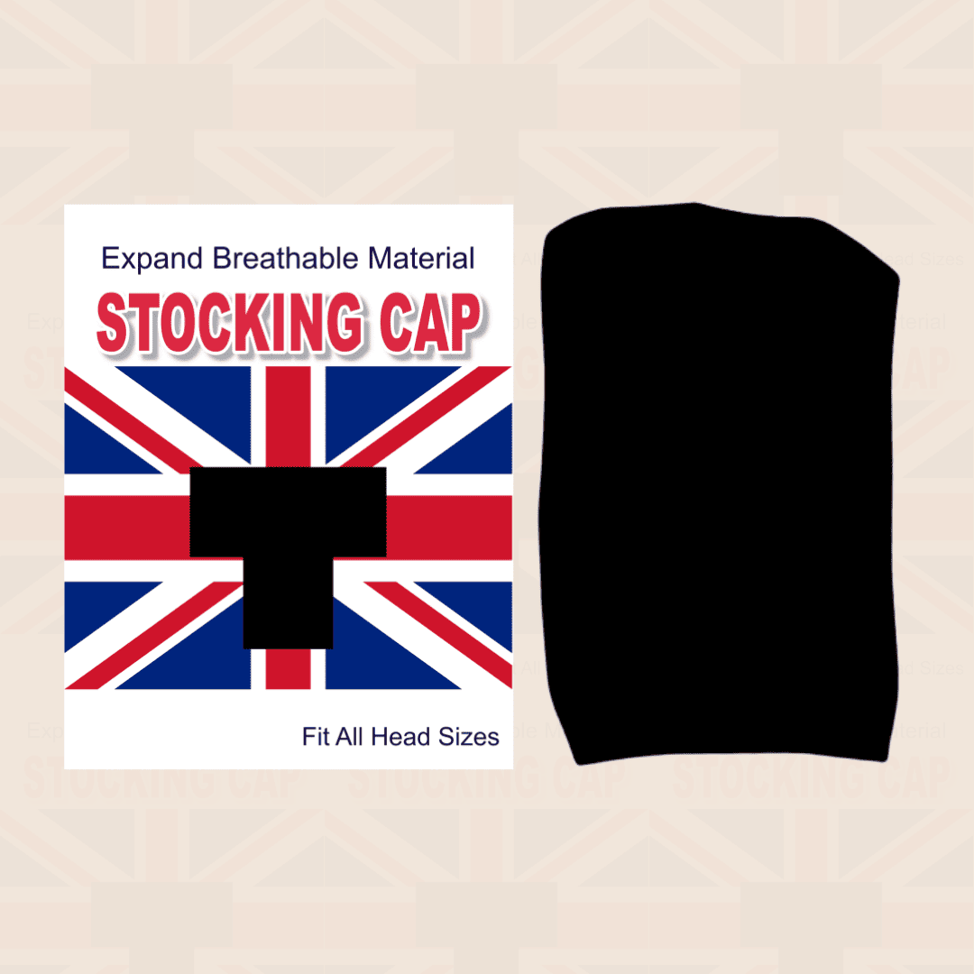 Black stocking cap with Union Jack label on beige background